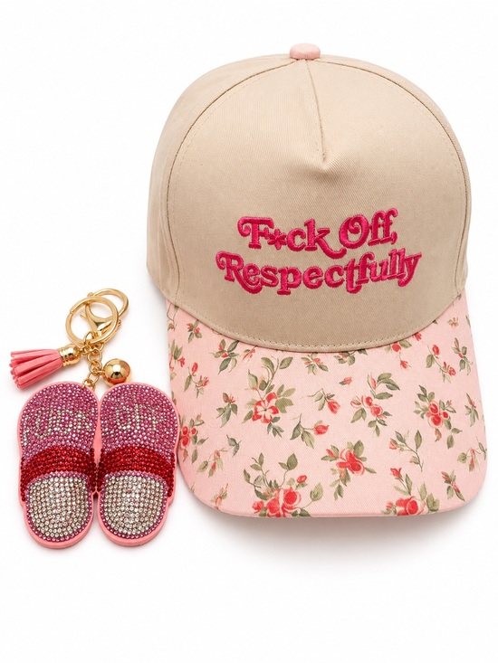F*ck Off Respectfully Floral Baseball Cap & Rhinestone Keychain Gift Set NWOT
